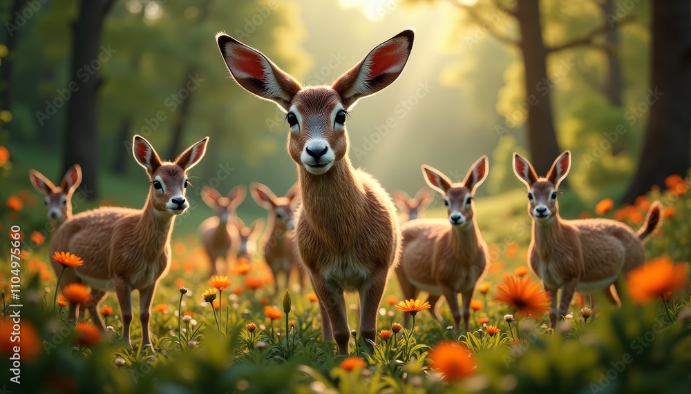 Fototapeta premium Baby deer in the grassy field at sunrise
