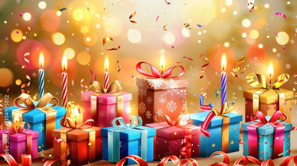 Festive Birthday Card for Her with Candles and Gift Boxes Festive Birthday Card for Her with Candles and Gift Boxes