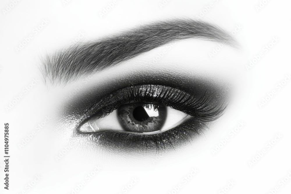 Close-up, monochrome eye, dramatic makeup, long lashes. Close-up, monochrome eye, dramatic makeup, long lashes.