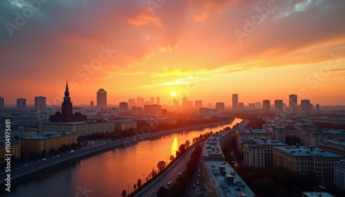 Sunset over city skyline with river reflecting light