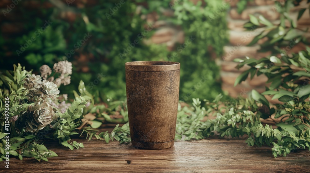 Fototapeta premium Cozy Rustic Tumbler Mockup on Wooden Table Surrounded by Nature and Warmth