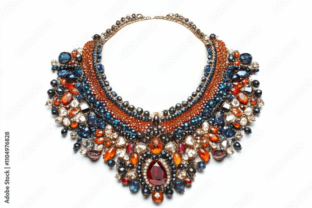 Obraz premium Ornate gemstone necklace; blue, orange, red hues.