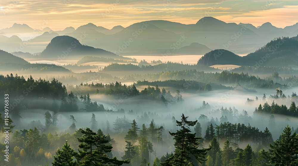 Fototapeta premium Misty Mountain Landscape Sunrise Over Forest
