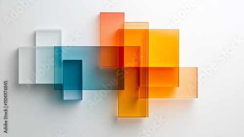 Abstract geometric arrangement of translucent colored rectangles.