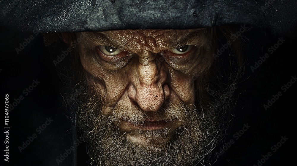Close-up portrait of an angry, elderly man with a long beard, wearing a dark hooded cloak. Close-up portrait of an angry, elderly man with a long beard, wearing a dark hooded cloak.