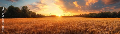 Wheat field at sunset with wind turbines in the distance, the sky glowing with warm sunset colors photo