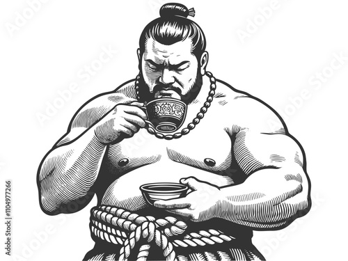 sumo wrestler drinking tea, showcasing Japanese culture with a retro artistic style sketch engraving generative ai vector illustration. Scratch board imitation. Black and white image.