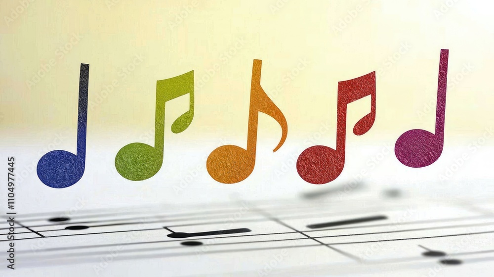 Naklejka premium Musical notation display with colorful notes on sheet music in a creative studio environment