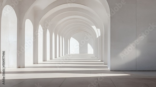 A serene, minimalist architectural space with arched openings and soft light casting shadows.