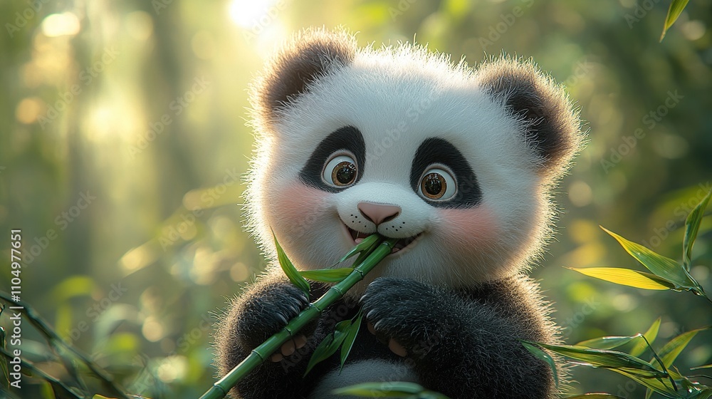 Fototapeta premium A cute panda cub munching on bamboo in a lush, green forest setting.