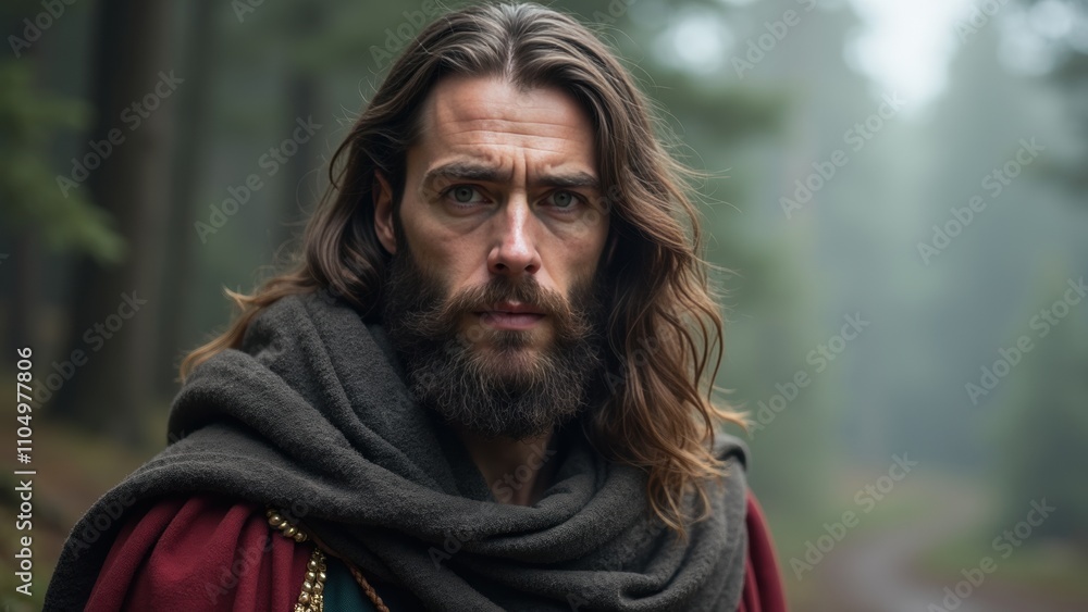 In a serene, foggy forest, a robust man with flowing hair and a beard gazes thoughtfully into the distance, wrapped in a heavy cloak, embodying a sense of mystique In a serene, foggy forest, a robust man with flowing hair and a beard gazes thoughtfully into the distance, wrapped in a heavy cloak, embodying a sense of mystique