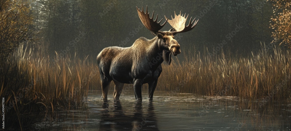 Fototapeta premium Majestic Moose in Autumnal Marsh: A Serene Wildlife Encounter
