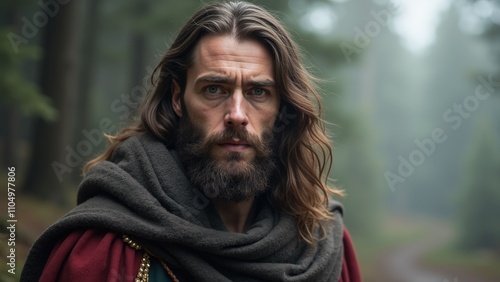 In a serene, foggy forest, a robust man with flowing hair and a beard gazes thoughtfully into the distance, wrapped in a heavy cloak, embodying a sense of mystique