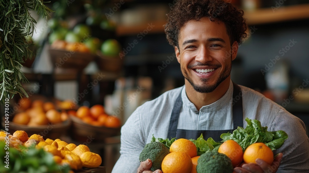 A smiling man with curly hair holds a basket of fresh produce in a grocery store. A smiling man with curly hair holds a basket of fresh produce in a grocery store.