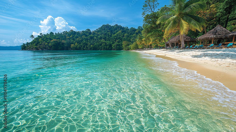 Fototapeta premium An idyllic tropical island with beautiful green vegetation and crystal-clear water, perfect for a relaxing vacation.