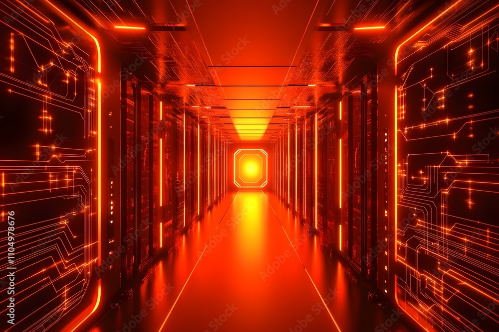 Fototapeta premium A long, dark corridor with a golden portal at the end, in the style of cyberpunk style, with glowing wires and circuitry on the walls