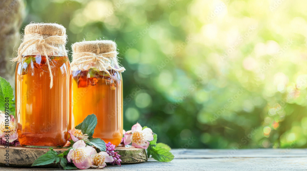 Two jars of kombucha with bokeh effect, surrounded by flowers and leaves on wooden surface, create refreshing and natural ambiance Two jars of kombucha with bokeh effect, surrounded by flowers and leaves on wooden surface, create refreshing and natural ambiance