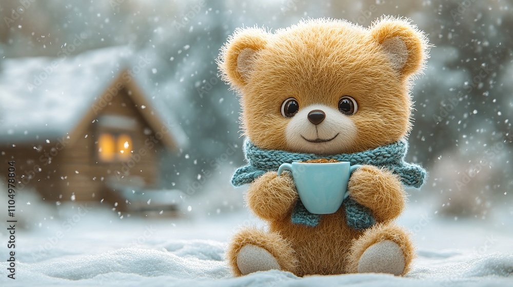 A cute teddy bear holding a cup in a snowy landscape, evoking a cozy winter atmosphere. A cute teddy bear holding a cup in a snowy landscape, evoking a cozy winter atmosphere.