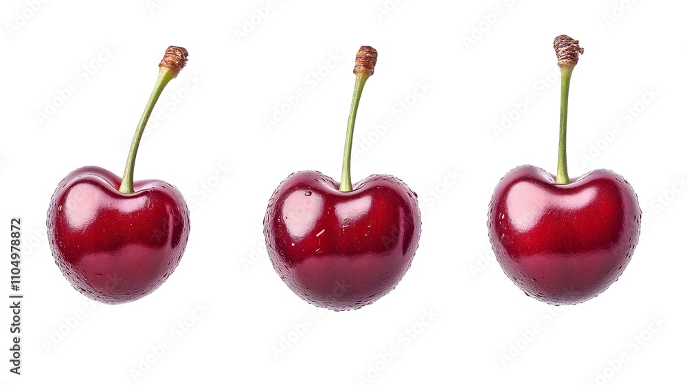 Three ripe, red cherries with stems, isolated on white background. Three ripe, red cherries with stems, isolated on white background.