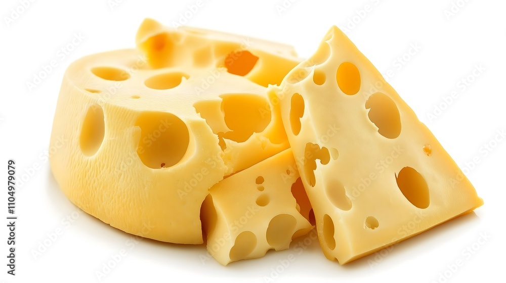 Close-up of Swiss cheese wheel and wedges, isolated on white background. Close-up of Swiss cheese wheel and wedges, isolated on white background.