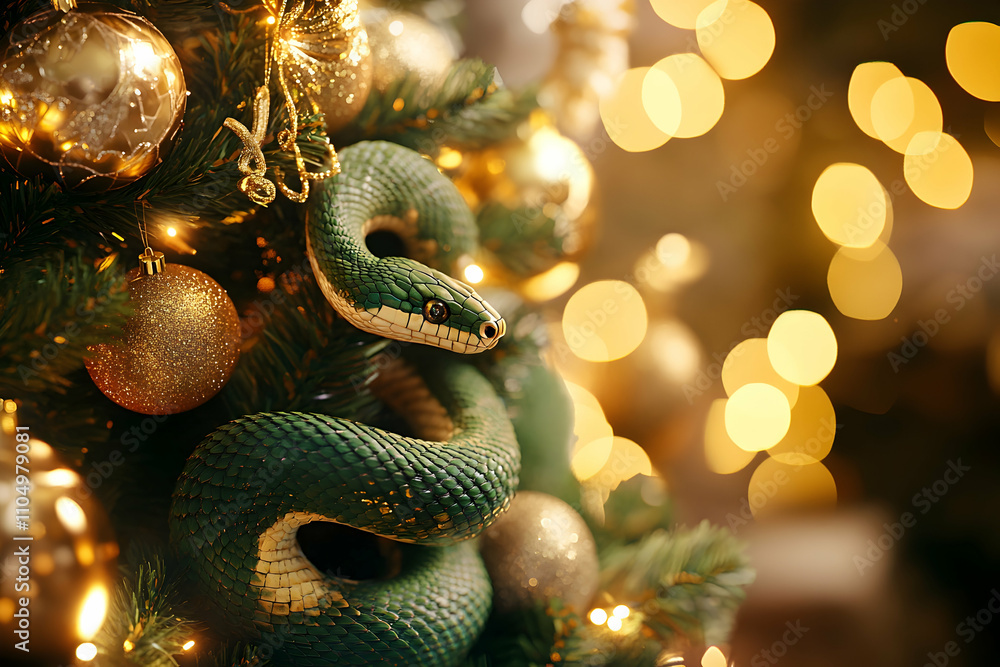 Fototapeta premium Green snake coiled around a Christmas tree with gold ornaments and lights
