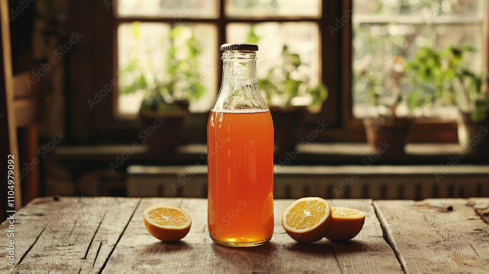 bottle of kombucha sits on rustic wooden table, surrounded by halved lemons, with cozy, sunlit window in background bottle of kombucha sits on rustic wooden table, surrounded by halved lemons, with cozy, sunlit window in background