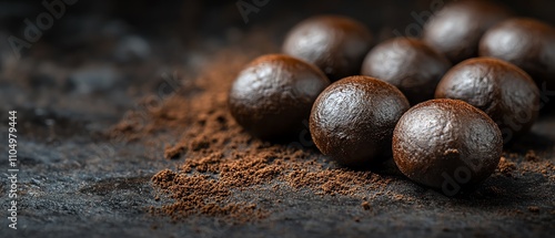 Detailed closeup of coffee beans on a dark background, showcasing their dark roast and natural shine photo