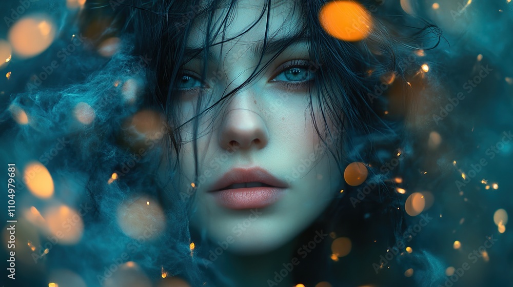 A close-up portrait of a woman with striking features, surrounded by ethereal light and mist. A close-up portrait of a woman with striking features, surrounded by ethereal light and mist.