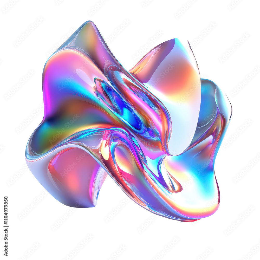 Obraz premium Abstract holographic shapes floating against a clean transparent background showcasing vibrant colors and fluid forms, Abstract Holographic 3D Shapes - On transparent background