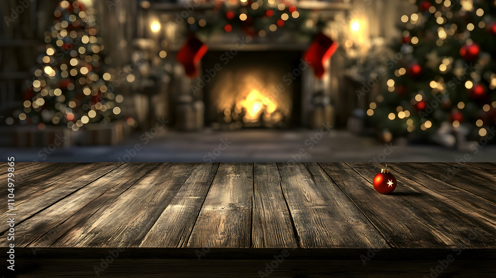 Rustic wooden table in front of a blurred Christmas tree and festive fireplace Rustic wooden table in front of a blurred Christmas tree and festive fireplace