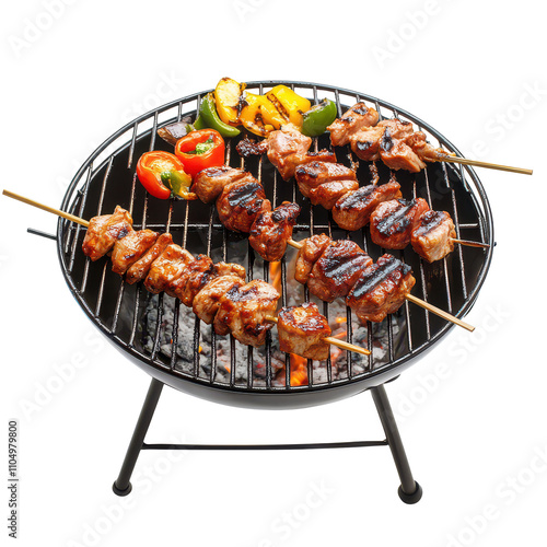 Delicious BBQ grill with skewered meats and vegetables ready for grilling in a bright, clean setting, BBQ grill isolated on transparent background photo