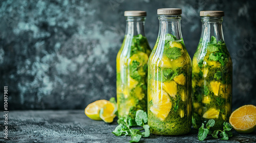 Three glass bottles filled with refreshing pineapple and mint kombucha, surrounded by fresh mint leaves and sliced pineapple, create vibrant and healthy beverage scene