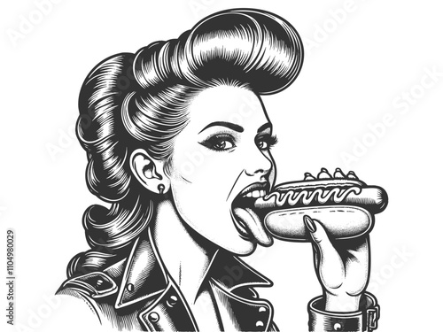 punk woman with a leather jacket and choker, eating a hot dog sketch engraving generative ai fictional character vector illustration. Scratch board imitation. Black and white image.