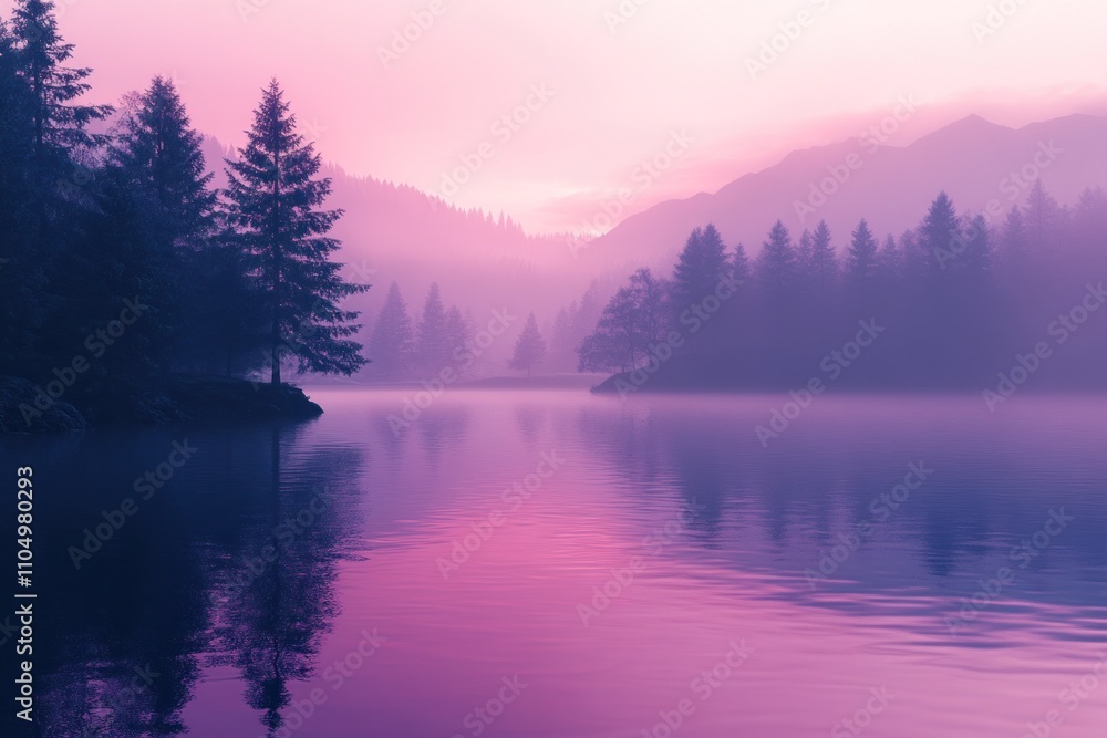 Fototapeta premium A serene and tranquil scene of a lake surrounded by trees and mountains, with the morning mist creating a soft and ethereal atmosphere. The colors are soft and calming