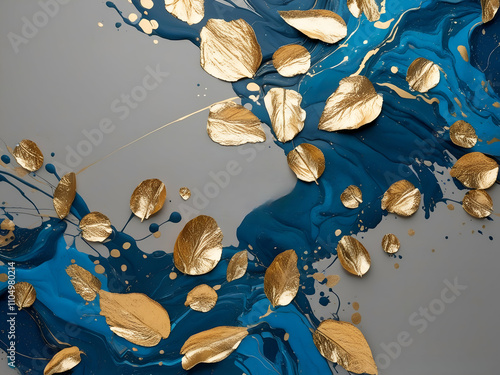 Gold Leaf Abstract Bold abstract art featuring vivid teal strokes with textured gold leaf element. Perfect for modern interior decor, upscale event posters, art-focused campaigns. cosmetic ads,banners photo