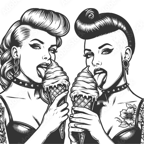 punk women, licking ice cream cones. Features tattoos, piercings sketch engraving generative ai fictional character vector illustration. Scratch board imitation. Black and white image