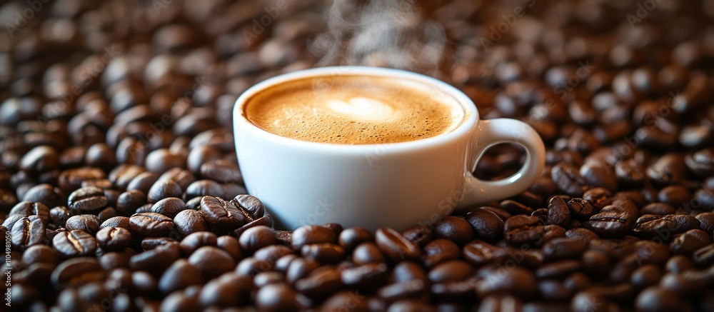 A steaming cup of coffee sits amongst a bed of roasted coffee beans. A steaming cup of coffee sits amongst a bed of roasted coffee beans.