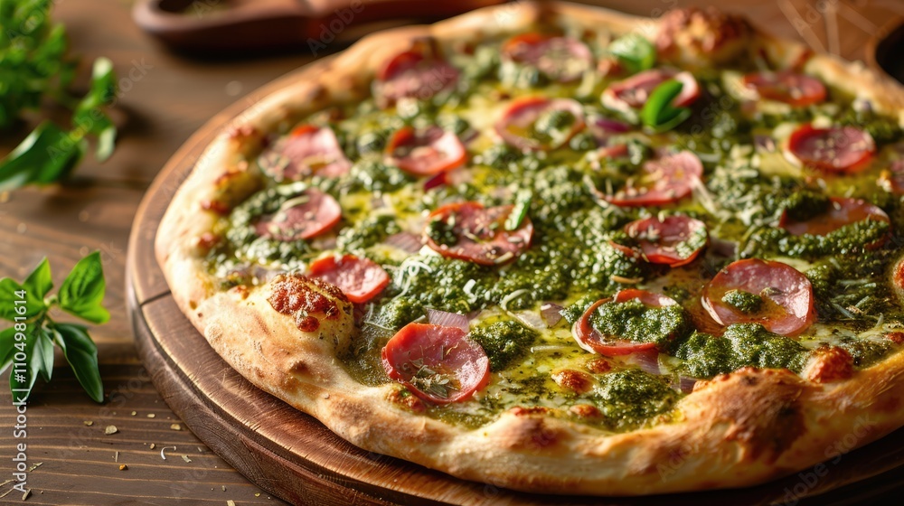 Tasty gourmet pizza with mortadella and pesto sauce, Italian cuisine Tasty gourmet pizza with mortadella and pesto sauce, Italian cuisine