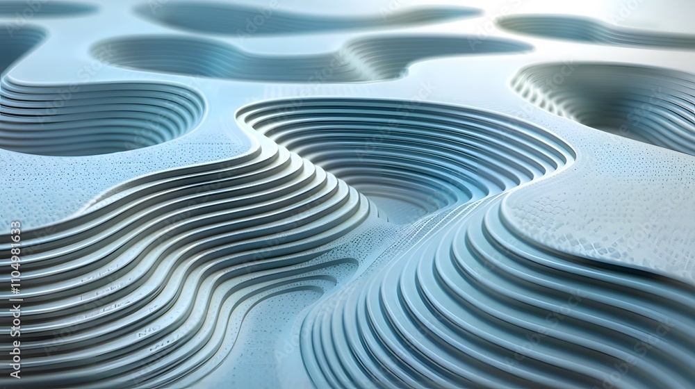 Abstract 3D rendering of a textured, undulating surface with layered curves and recesses in light blue tones. Abstract 3D rendering of a textured, undulating surface with layered curves and recesses in light blue tones.
