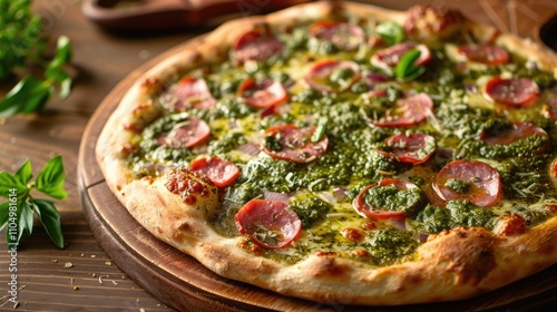 Tasty gourmet pizza with mortadella and pesto sauce, Italian cuisine