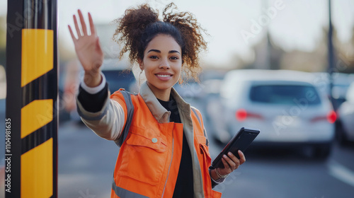 Young woman working as a parking attendant, standing at the entrance of a lot and directing vehicles to open spaces waving at drivers with a friendly demeanor photo