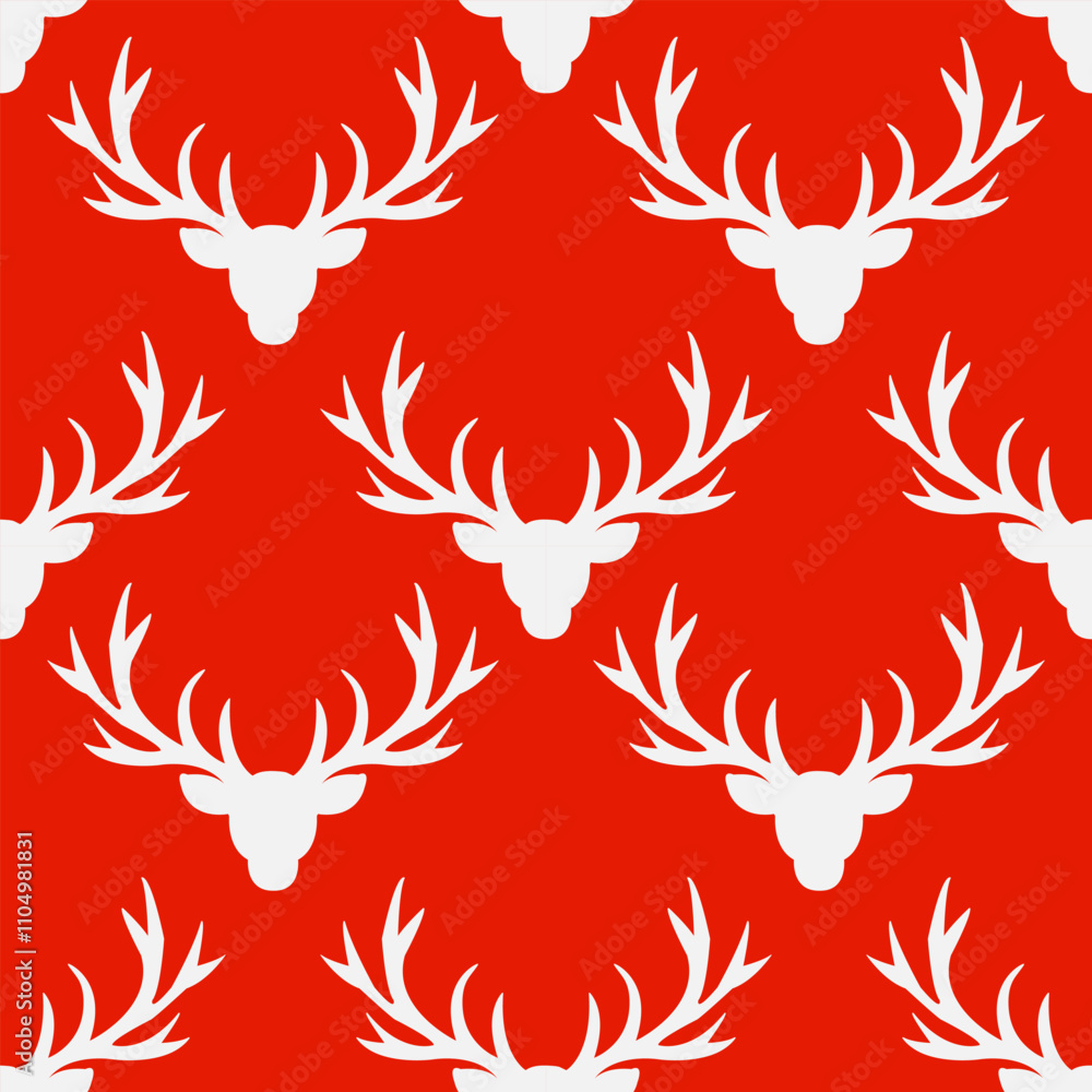 Naklejka premium seamless pattern with white silhouettes of Reindeer heads with horns on a red background.
