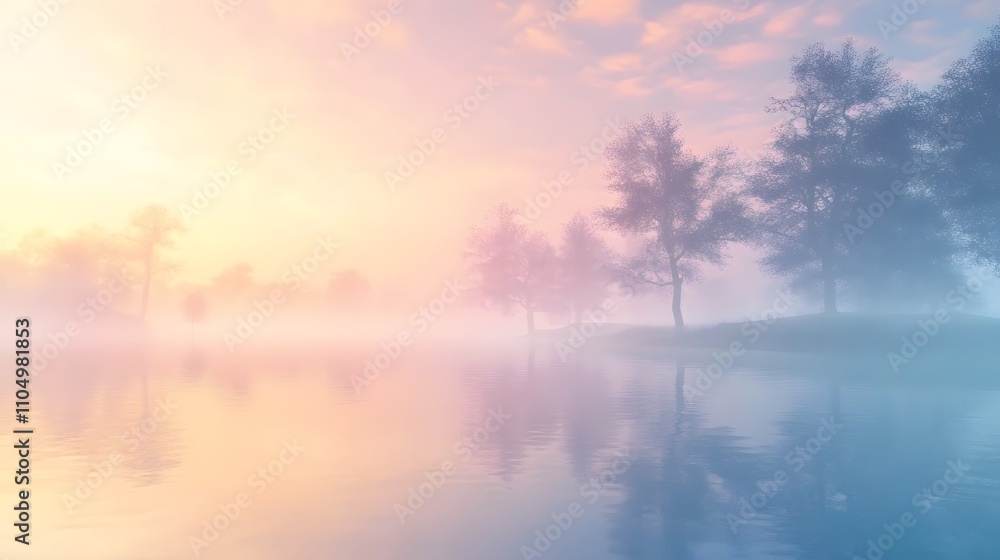 Tranquil Misty Dawn Over Still Water Trees Tranquil Misty Dawn Over Still Water Trees