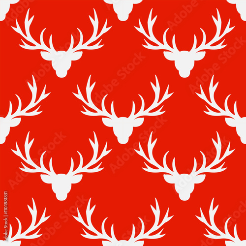 seamless pattern with white silhouettes of Reindeer heads with horns on a red background.