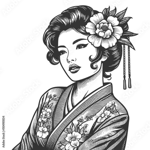 geisha in a floral-patterned kimono, asian woman sketch engraving generative ai fictional character vector illustration. Scratch board imitation. Black and white image.