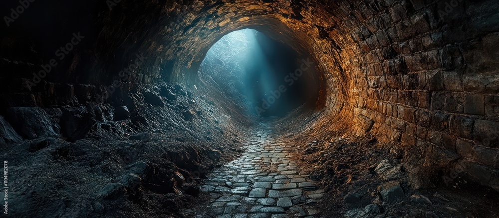 A stone tunnel with light shining through the entrance at the end of a cobbled path. A stone tunnel with light shining through the entrance at the end of a cobbled path.