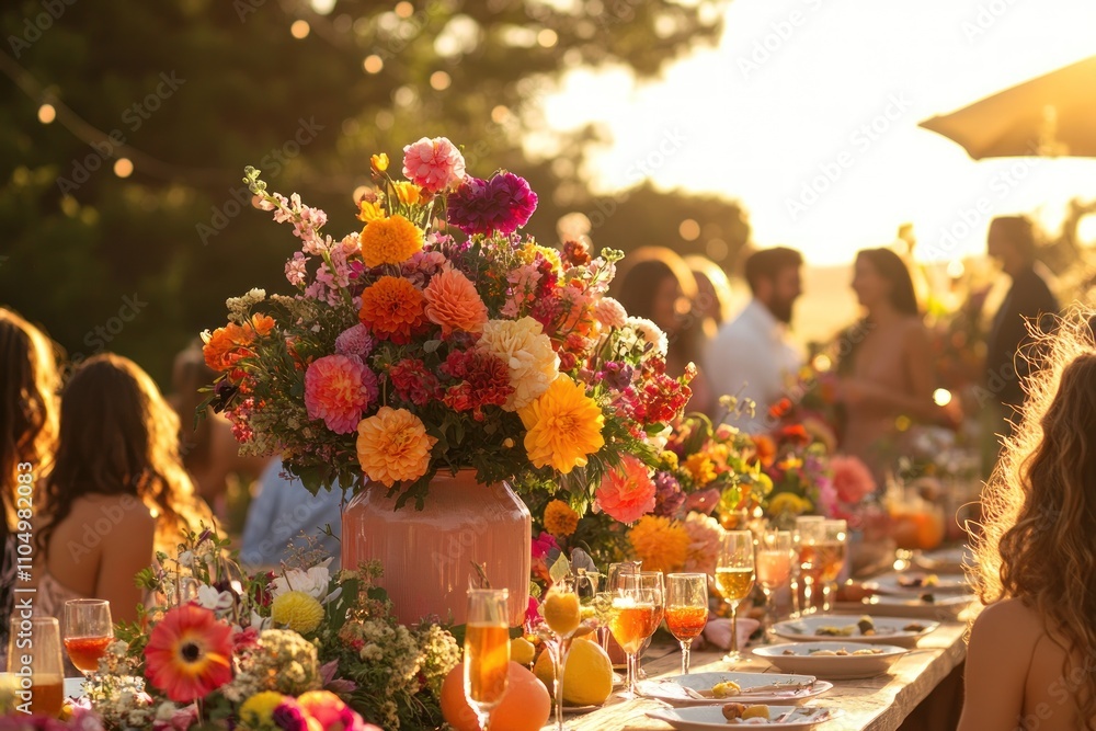 A long wooden table is set for an outdoor dinner party with colorful flowers, glasses of wine, and people in the background. A long wooden table is set for an outdoor dinner party with colorful flowers, glasses of wine, and people in the background.