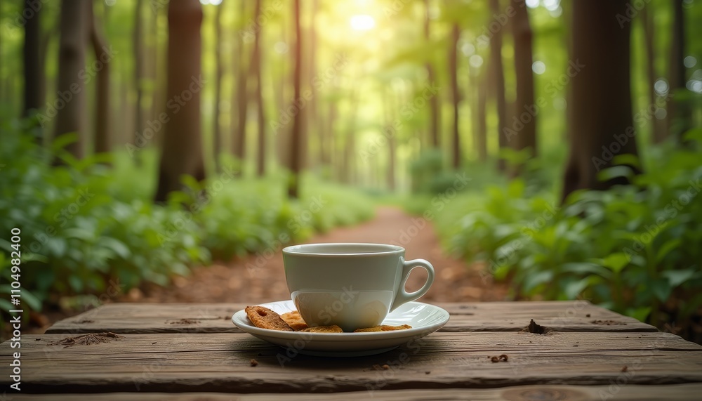 Coffee & biscuits on wooden table in forest Coffee & biscuits on wooden table in forest