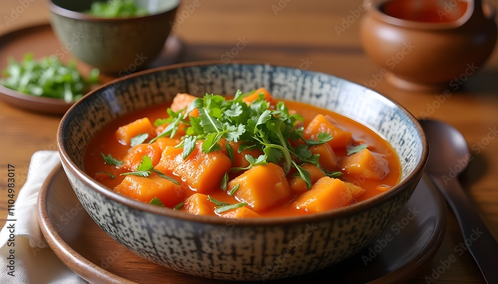 Spicy Mapo Tofu Served with Rice and Garnishes Spicy Mapo Tofu Served with Rice and Garnishes