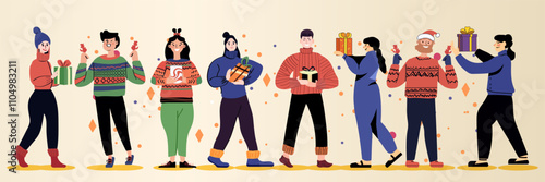 People exchanging gifts festive winter scene colorful sweaters cheerful expressions abstract background holiday celebration